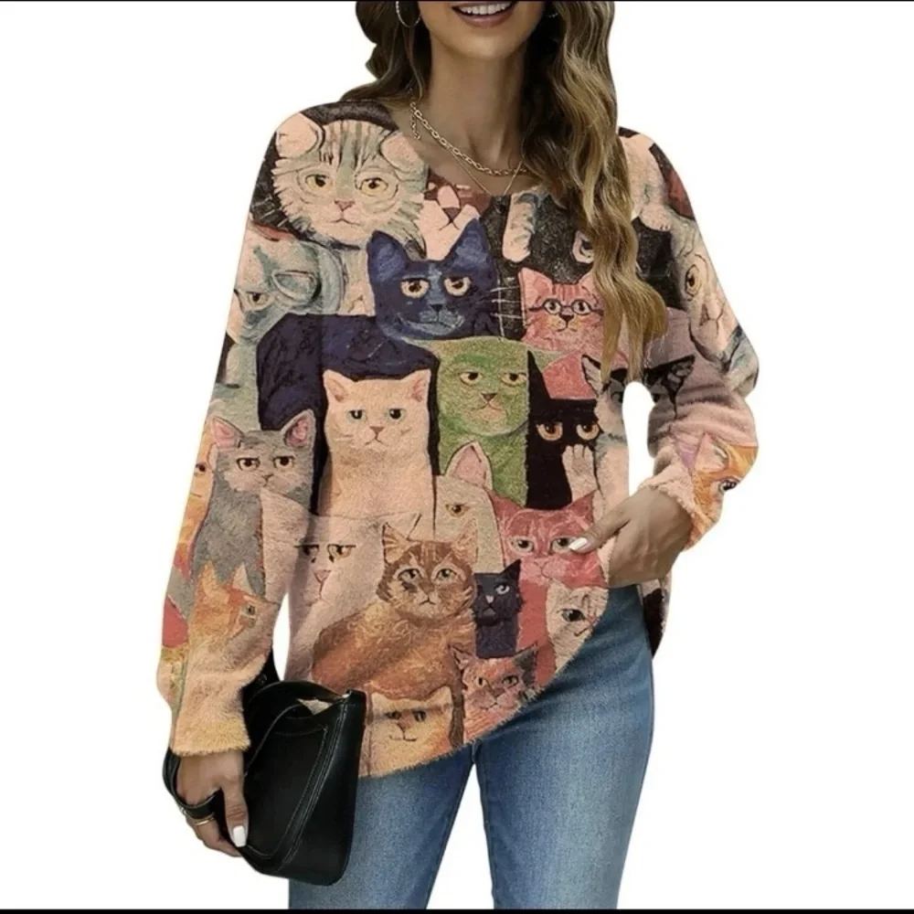 Yesno sepia Colorful Cat Print graphic wool cotton crew neck sweater Sweater 2x